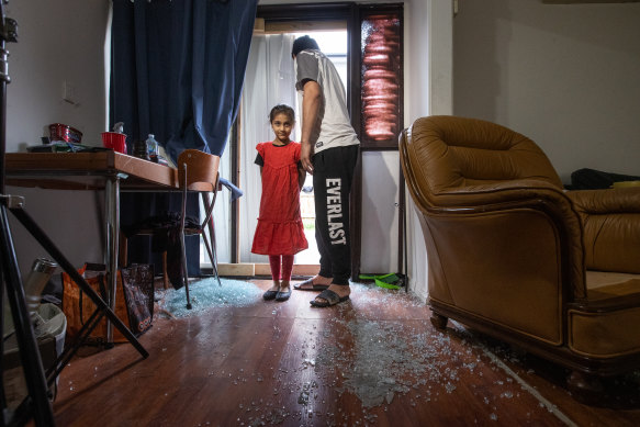 Shattered glass covers the floor of one of the rooms of Rahmanzai’s house. 