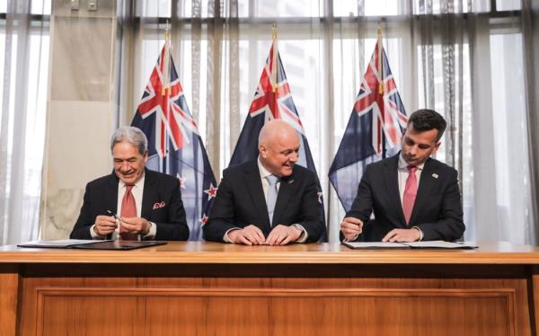 NZ First leader Winston Peters, National Party leader Christopher Luxon and ACT Party leader David Seymour at the formal signing ceremony on 24 November, 2023.